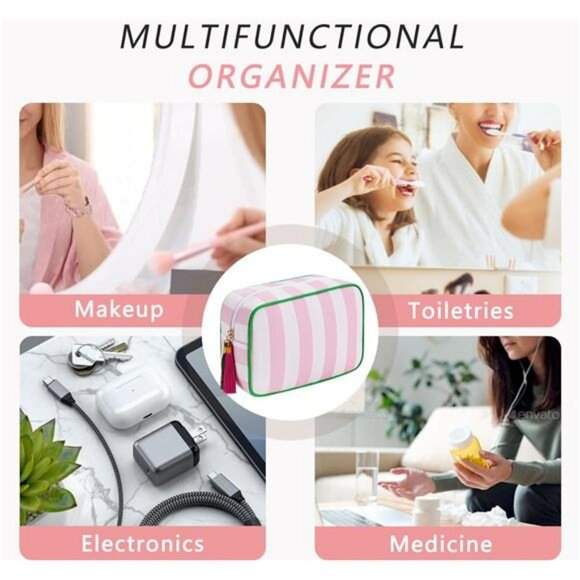 Large stripe canvas makeup bag tassel travel cosmetic toiletry storage bag pink - Picture 6 of 7